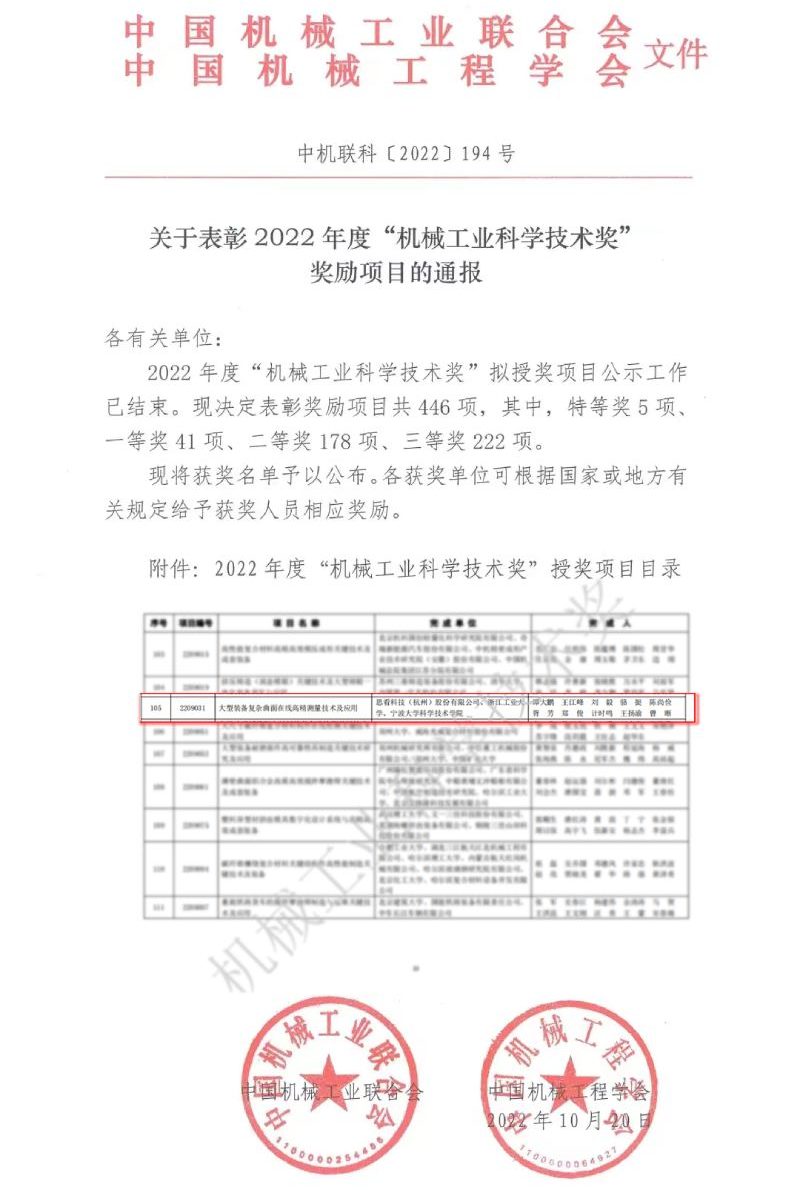 2022 年度機械工業科學技術獎